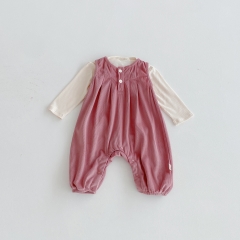 2025 Autumn Infant Baby Girls Long Sleeves Butterfly-bows Embroidered Top with Pink Solid Color Sleeveless Rompers Overalls Sets Wholesale