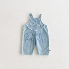 2025 Autumn Infant Baby Kids Unisex Sleeveless Lion's Face Pattern Denim Overalls Wholesale