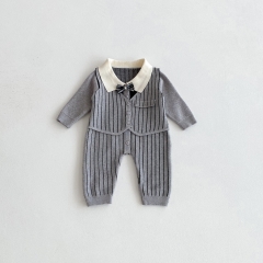 Autumn Infant Baby Boys Striped Pattern Long Sleeve Single Breasted One Piece Knitted Romper Wholesale