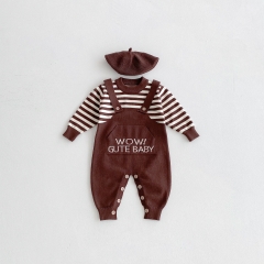 Autumn and Winter Infant Baby Unisex Striped and Letters Embroidered Pattern Long Sleeve One Piece Knitted Rompers with Hat Wholesale