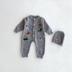 Autumn and Winter Infant Baby Unisex Puppy Pattern Long Sleeve One Piece Knitted Rompers with Hat Wholesale
