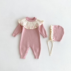 Autumn and Winter Infant Baby Girls Color Patchwork Long Sleeve One Piece Knitted Rompers with Collar Wholesale
