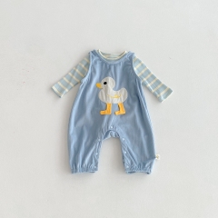 2025 Autumn Infant Baby Girls Long Sleeves Striped Top with Cartoon Sleeveless Rompers Overalls Sets Wholesale