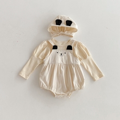 Autumn Infant Baby Girls Cartoon Teddy Bear Style Strap Onesies, Solid Color Top with Hat Wholesale