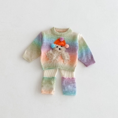 2025 Autumn Infant Baby Girls Puppy Cartoon Pattern Long Sleeves Sweater With Color Patchwork Pants Sets Wholesale