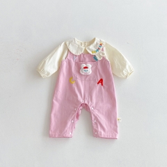 2025 Autumn Infant Baby Girls Long Sleeves Beige Top with Cartoon Sleeveless Rompers Overalls Sets Wholesale