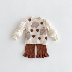 2025 Autumn Infant Baby Girls Plain Long Puff Sleeves Top, Jacquard Sleeveless Vest With Pants Knitted Sets Wholesale