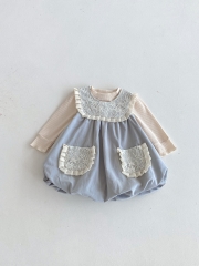 2025 Autumn Infant Baby Girls Long Sleeves Apricot Top with Flowers Pattern Sleeveless Dress Sets Wholesale