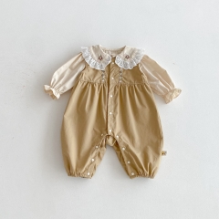 2025 Autumn Infant Baby Girls Long Sleeves Apricot Top with Flowers Embroidery Sleeveless Rompers Overalls Sets Wholesale