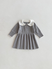Autumn and Winter Infant Baby Girls Color Patchwork Long Sleeve One Piece Knitted Dress Wholesale