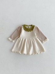 Autumn and Spring Infant Baby Girls Color Patchwork Long Sleeve One Piece Knitted Dress Wholesale