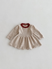 Autumn and Spring Infant Baby Girls Color Patchwork Hollow-out Long Sleeve One Piece Knitted Dress Wholesale