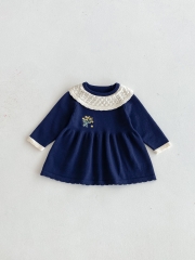 Autumn and Spring Infant Baby Girls Color Patchwork Long Sleeve One Piece Flowers Pattern Knitted Dress Wholesale