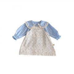 2025 Autumn Infant Baby Girls Long Sleeves Blue Top with Flowers Pattern Sleeveless Dress Sets Wholesale