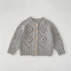 New Arrival Autumn and Spring Infant Baby Unisex Flowers and Hollow-out Pattern Long Sleeves Single Breasted Knitted Cardigan Wholesale