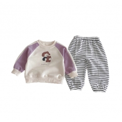 2025 Autumn Infant Baby Girls Princess Cartoon Pattern Long Sleeves Pullover With Striped Pants Sets Wholesale