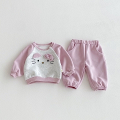 2025 Autumn Infant Baby Girls Cartoon Pattern Color Patchwork Long Sleeves Pullover With Pants Sets Wholesale