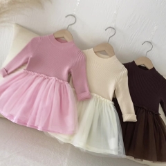 Autumn and Spring Infant Baby Girls Tulle Patchwork Long Sleeve One Piece Knitted Dress Wholesale