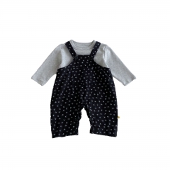 2025 Autumn Infant Baby Girls Long Sleeves Grey Top with Flowers Pattern Sleeveless Rompers Overalls Sets Wholesale