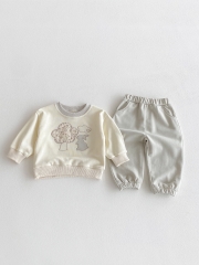 2025 Autumn Infant Baby Girls Rabbit and Flowers Pattern Long Sleeves Pullover With Plain Pants Sets Wholesale