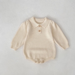 Autumn and Spring Infant Baby Unisex Solid Color Long Sleeves One Piece Onesies with Turndown Collar Wholesale
