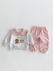 2025 Autumn Infant Baby Girls Teddy and Puppy Cartoon Pattern Long Sleeves Pullover With Pink Pants Sets Wholesale