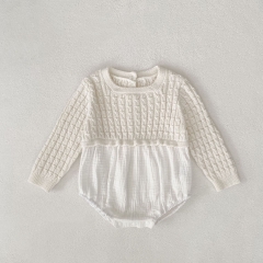 Autumn and Spring Infant Baby Girls Geometric Jacquard Pattern Long Sleeve One Piece Knitted Onesies Wholesale