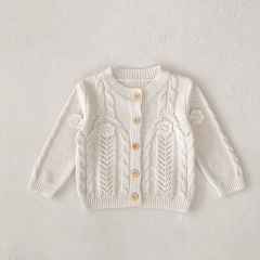 New Arrival Autumn and Spring Infant Baby Girls Striped and Flowers Jacquard Pattern Long Sleeves Single Breasted Knitted Cardigan Wholesale