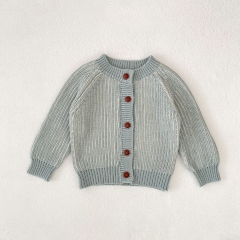New Arrival Autumn and Spring Infant Baby Unisex Light Blue Long Sleeves Single Breasted Knitted Cardigan Wholesale