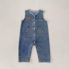 2025 Autumn Infant Baby Kids Unisex Sleeveless Letters Embroidered Denim Overalls Wholesale