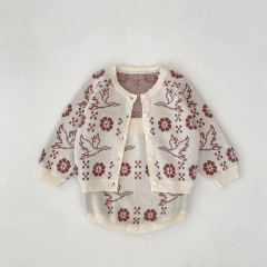 2025 Autumn and Winter Infant Baby Unisex Geometric Flowers and Animals Pattern Long Sleeves Cardigan With Strap Onesies Overalls Sets Wholesale