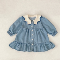 Autumn and Spring Infant Baby Girls Color Patchwork Long Sleeve One Piece Single Breasted Denim Dress Wholesale