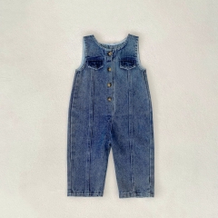 2025 Autumn Infant Baby Kids Unisex Sleeveless Blue Denim Overalls Wholesale
