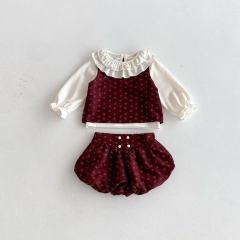 2025 Autumn Infant Baby Girls Solid Color Long Sleeves Top, Flowers Pattern Sleeveless Vest with Bloomers Sets Wholesale