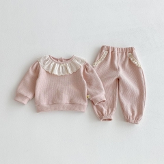 2025 Autumn Infant Baby Girls Color Patchwork Long Sleeves Lace Collar Pullover With Pants Sets Wholesale