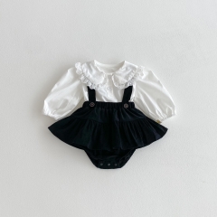 2025 Autumn Infant Baby Girls Long Sleeves White Top with Black Sleeveless Onesies Overalls Sets Wholesale