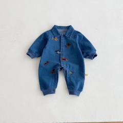 Autumn Infant Baby Unisex Puppy Embroidered Pattern Long Sleeve One Piece Denim Romper Wholesale