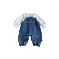 2025 Autumn Infant Baby Girls Long Sleeves Heart Pattern Top Shirt with Denim Sleeveless Rompers Overalls Sets Wholesale