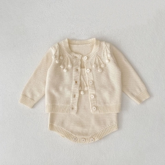 2025 Autumn and Winter Infant Baby Unisex Geometric Jacquard Pattern Long Sleeves Cardigan With Strap Onesies Overalls Sets Wholesale