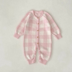 Autumn Infant Baby Unisex Plaid Pattern Long Sleeve One Piece Single Breasted Knitted Romper Wholesale