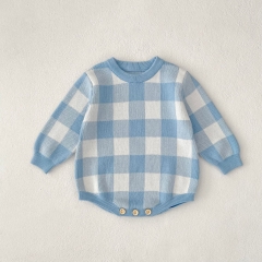 Autumn Infant Baby Unisex Plaid Pattern Long Sleeve One Piece Single Breasted Knitted Onesies Wholesale