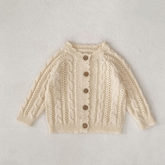 New Arrival Autumn and Spring Infant Baby Unisex Geometric and Hollow-out Pattern Long Sleeves Single Breasted Knitted Cardigan Wholesale