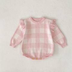 Autumn and Spring Infant Baby Girls Pink Plaid Pattern Long Sleeve One Piece Knitted Onesies Wholesale