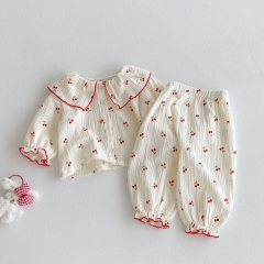 2025 Autumn Infant Baby Girls Cherry Pattern Long Sleeves Top With Pants Pajamas Sets Wholesale