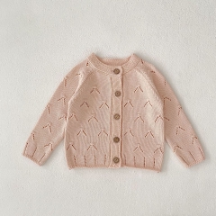 New Arrival Autumn and Spring Infant Baby Girls Solid Color Hollow-out Pattern Long Sleeves Single Breasted Knitted Cardigan Wholesale