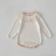 Autumn and Spring Infant Baby Girls Long Sleeve One Piece Knitted Onesies with Lace Collar Wholesale