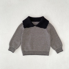 New Arrival Autumn and Spring Infant Baby Unisex Striped Pattern Long Sleeves Knitted Sweater with Collar Wholesale
