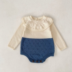 Autumn and Spring Infant Baby Unisex Long Sleeve One Piece Color Patchwork Knitted Onesies Wholesale