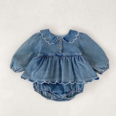 Autumn Infant Baby Girls Denim Long Sleeves One Piece Dress Design Onesies with Collar Wholesale