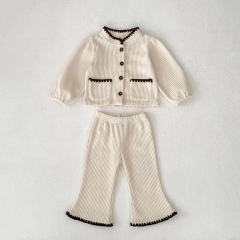 2025 Autumn Infant Baby Girls Corduroy Long Sleeves Single Breasted Cardigan With Pants Sets Wholesale